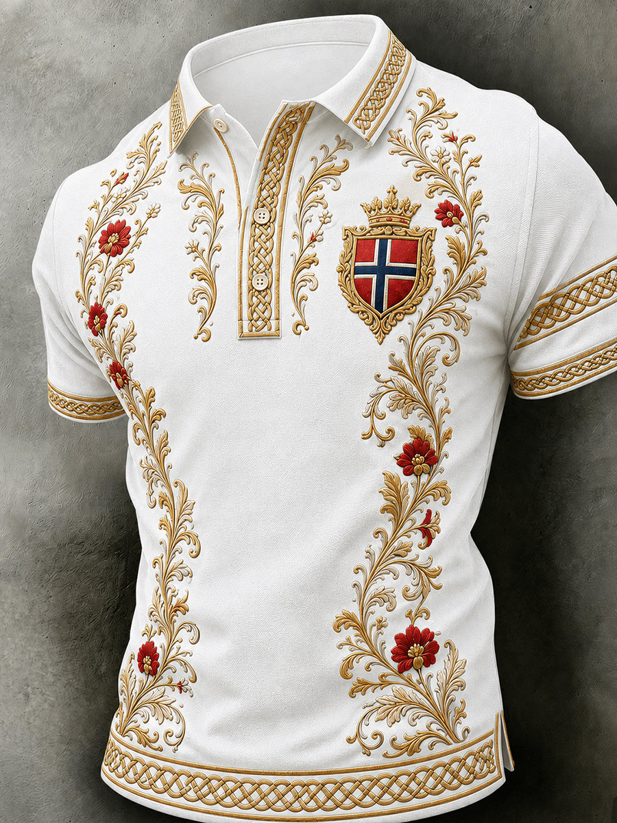 Menns retro nordisk stil norsk kunsttrykk avslappet poloskjorte