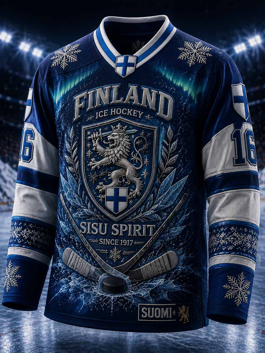 Miesten vintage Suomi-jääkiekko -painokuvioitu pitkähihainen t-paita