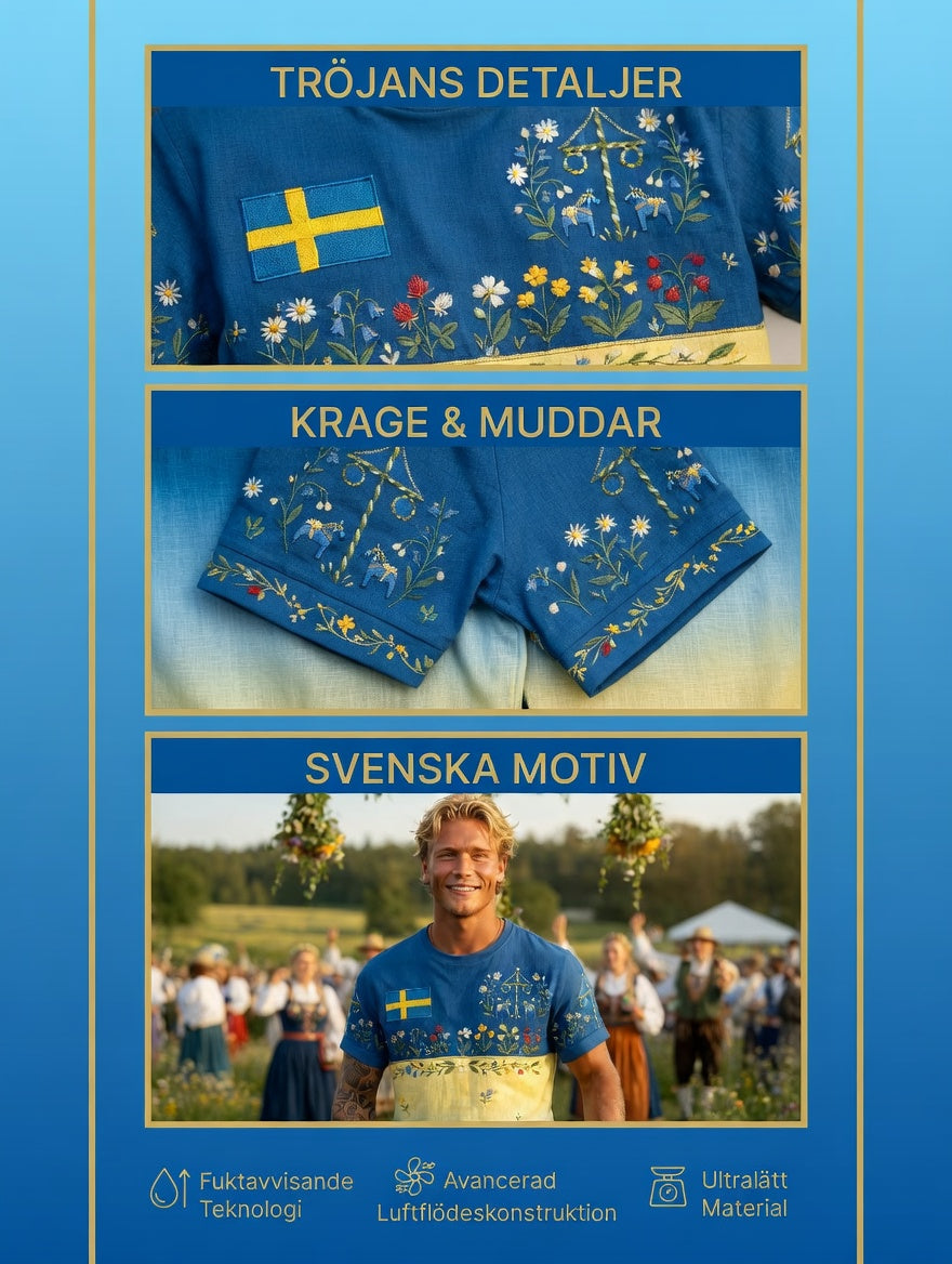 Herr Retro Svenska midsommar Folk Floral Bomull-Linen Kort-Shirt