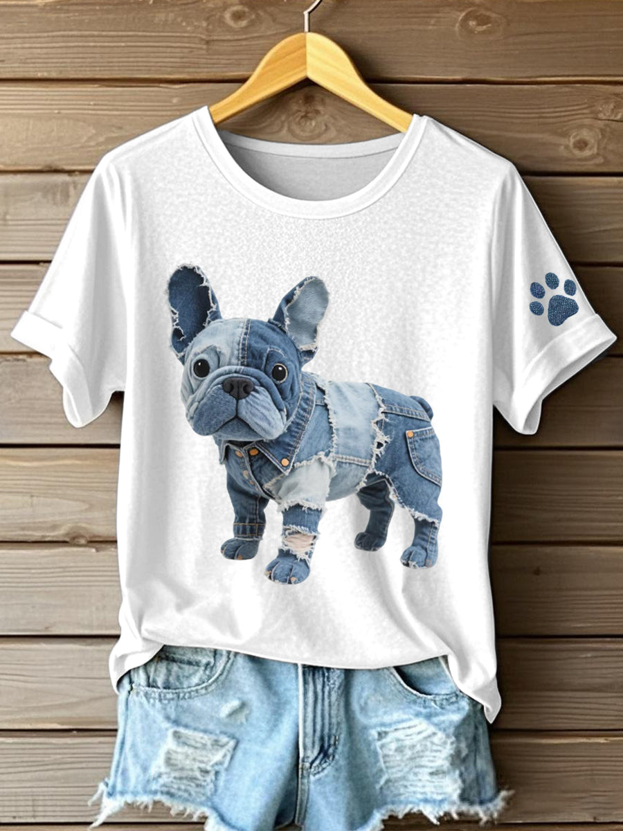 Damens denim patchwork Art Fransk Bulldog-mønster-t-shirt