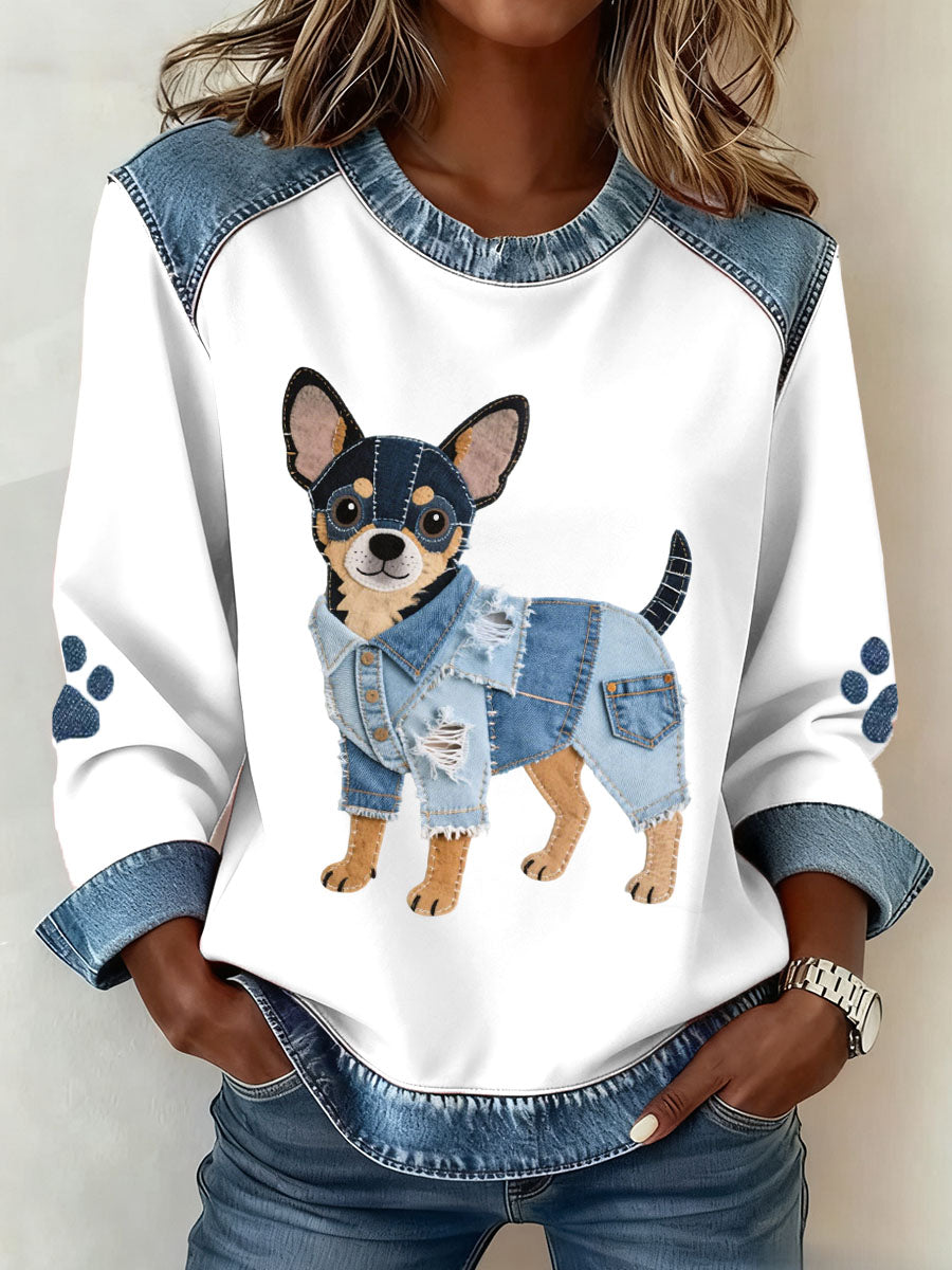 Damens nydelige chihuahua hundemønster Denim- patchwork-weatshirt