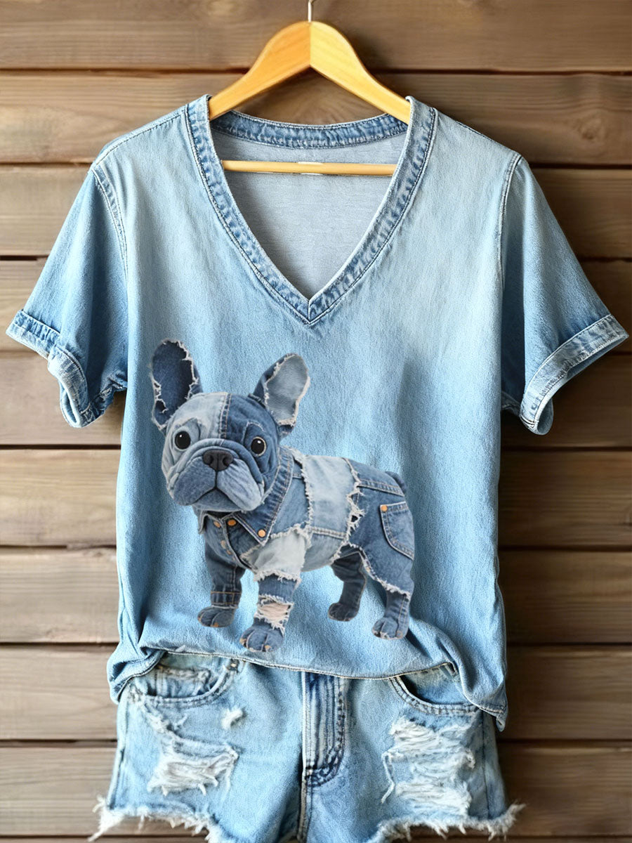 Kvinnelig denim-patchwork Art Fransk Bulldog-mønster V-hals T-shirt