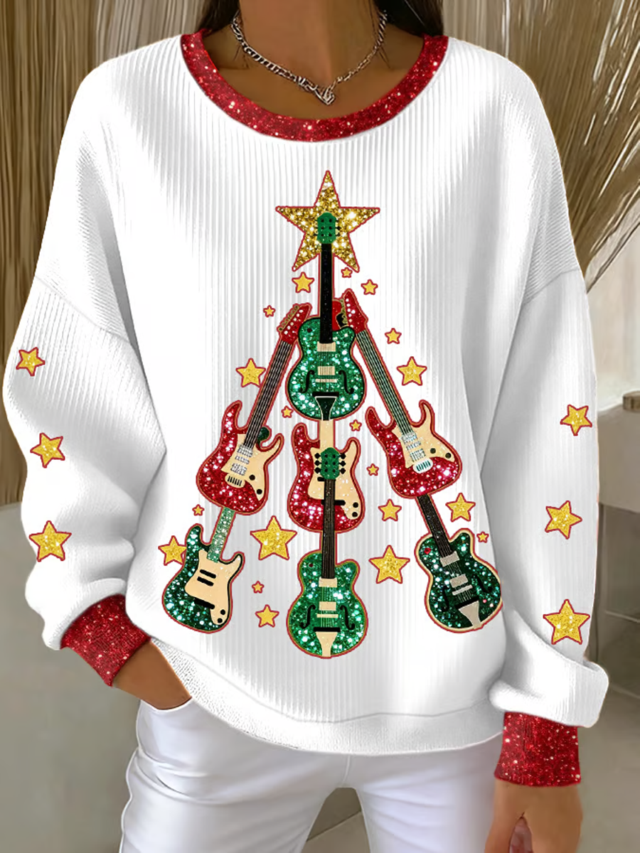 Damgittar juletre kunst skriv ut Ribbed rund hals sweatshirt