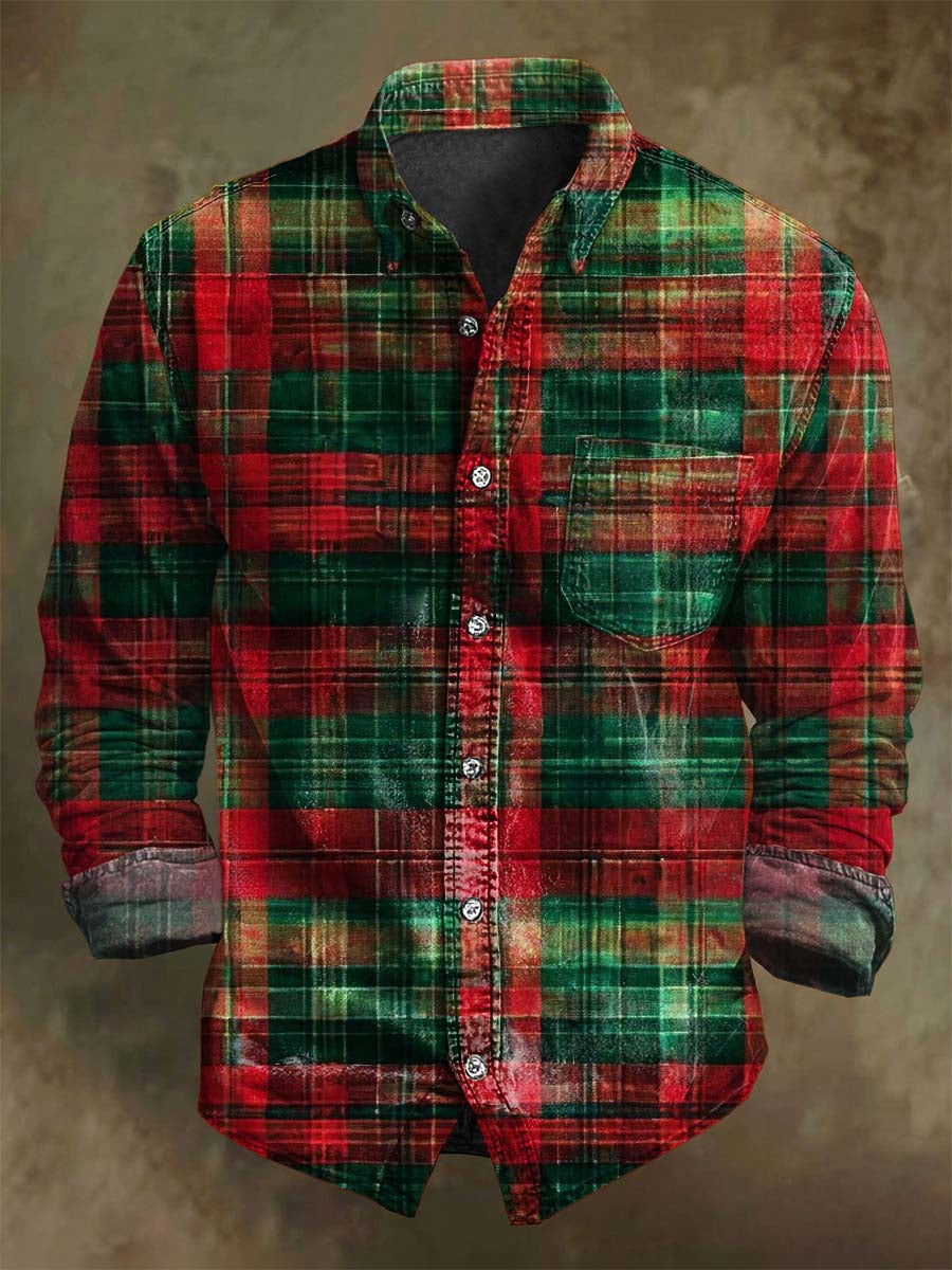 Retro Christmas Plaid Skriv ut uformell langærmets skjorte