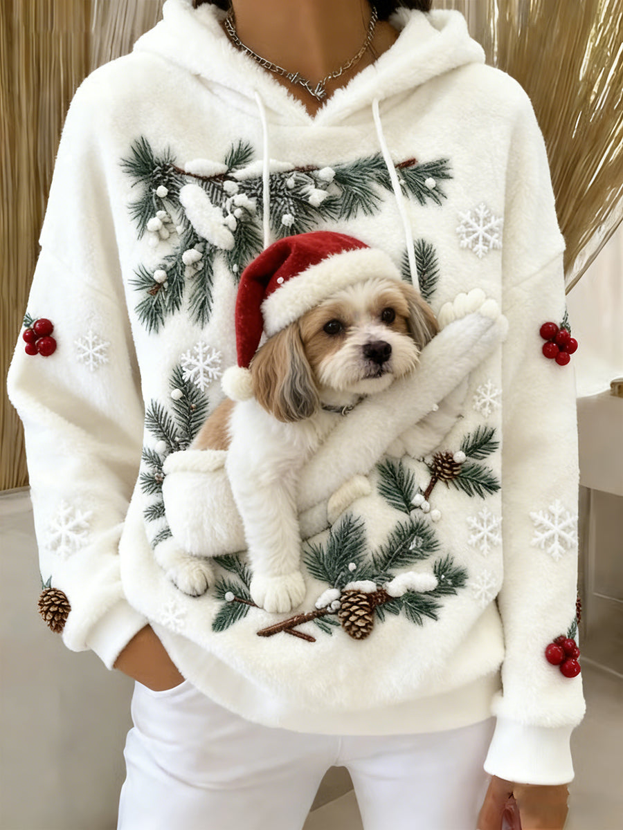 Kvinner Retro dyrekunst Skriv ut komfortabel Flannel Hooded Sweatshirt