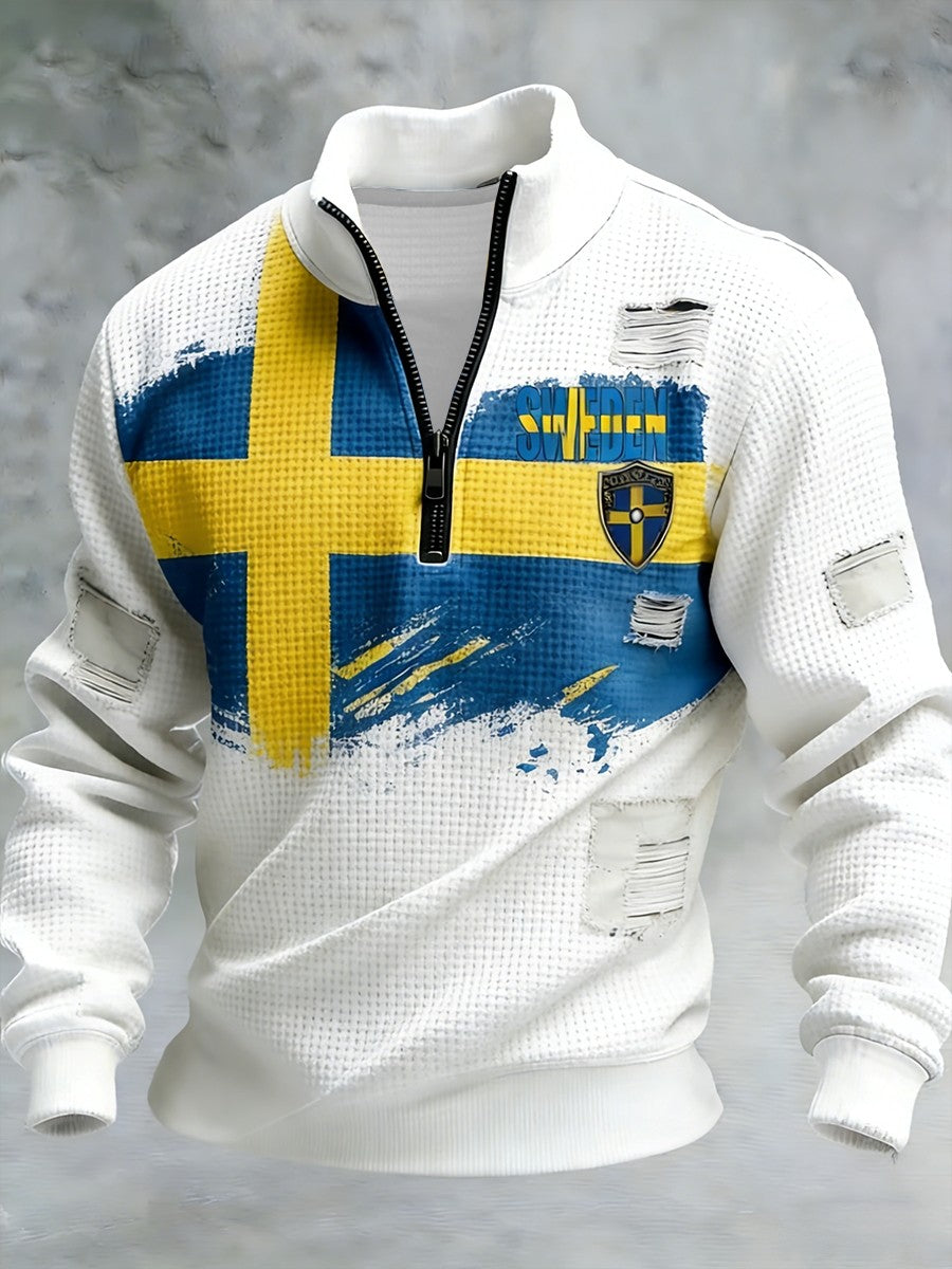 Mäns Retro Svenska flaggbricka Casual Våffle-Weave Sweatshirt