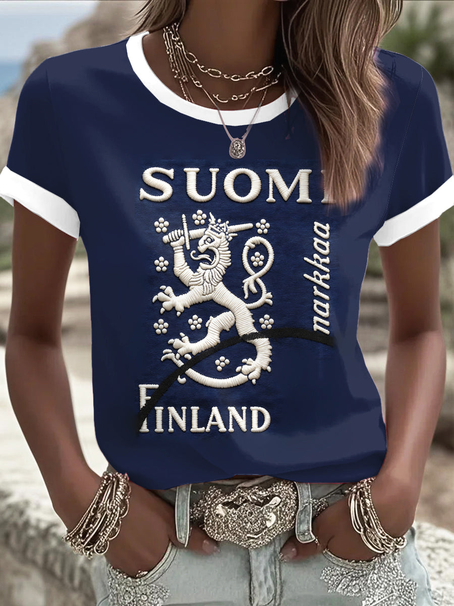 Kvinnors blå finländska SUOMI Skriv ut Casual T-shirt