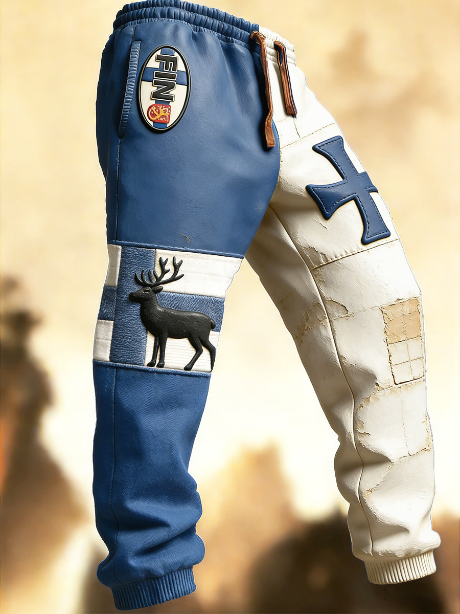 Mäns finska Vintage Patchwork Skriv ut Casual Byxor