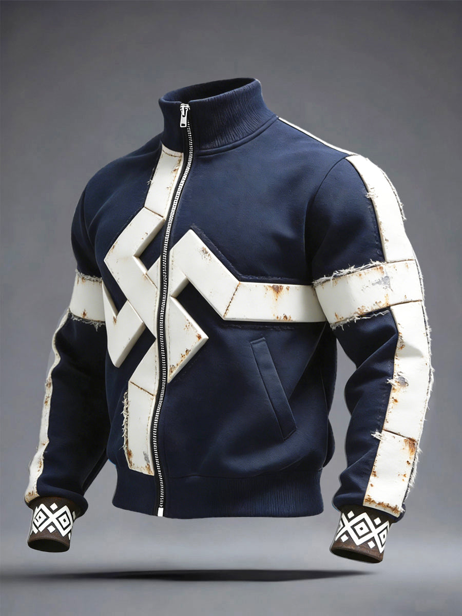 Men's Navy Blå Finland Flagg Lappverk Print Casual Zip-Up Jacka