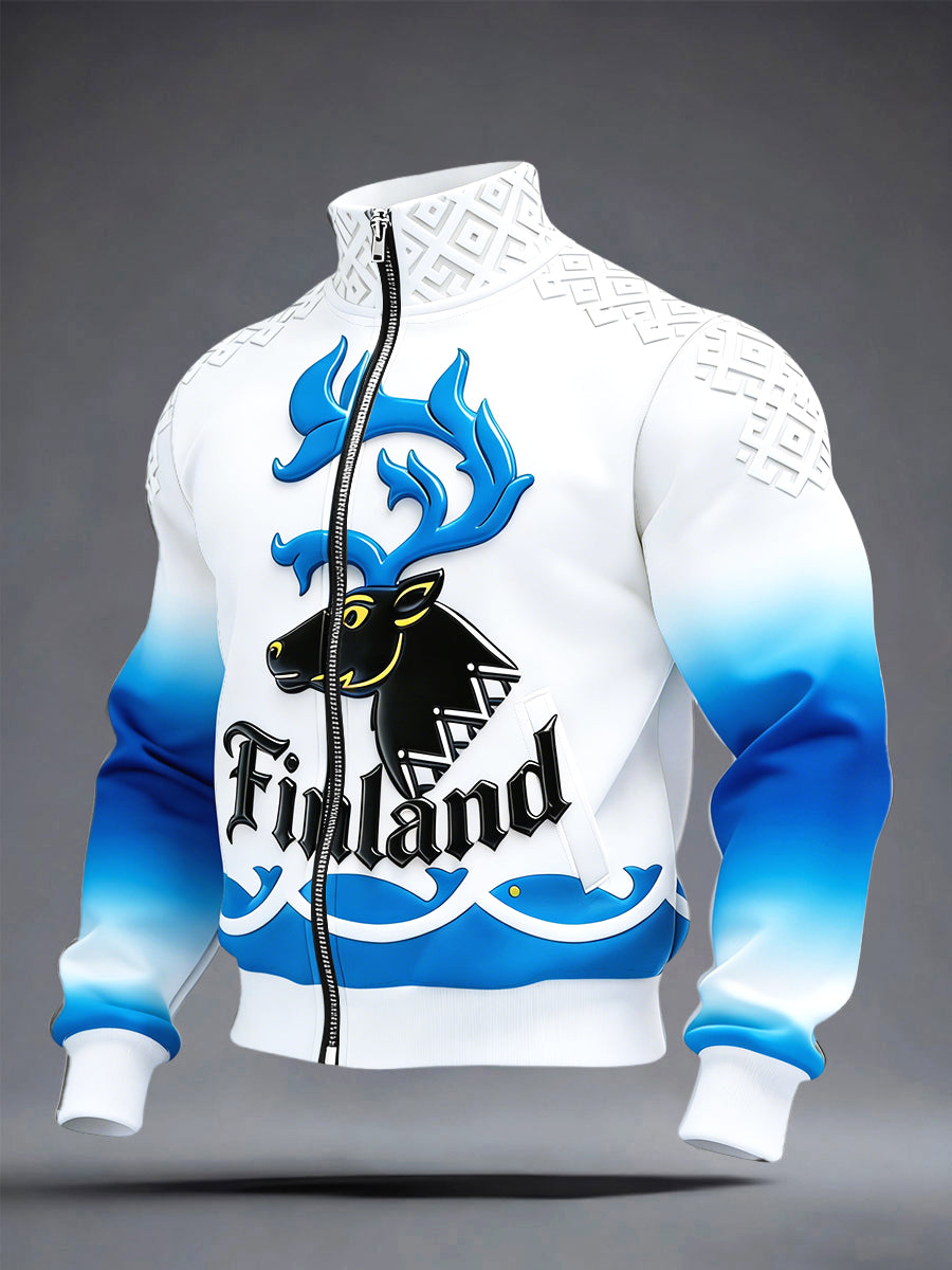 Mäns finska ren Gradient Print Stand Krage Zip Jacka