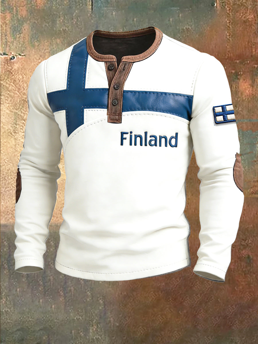 Mäns Vita Finland Flagg Lappverk Print Henley Neck Sweatshirt