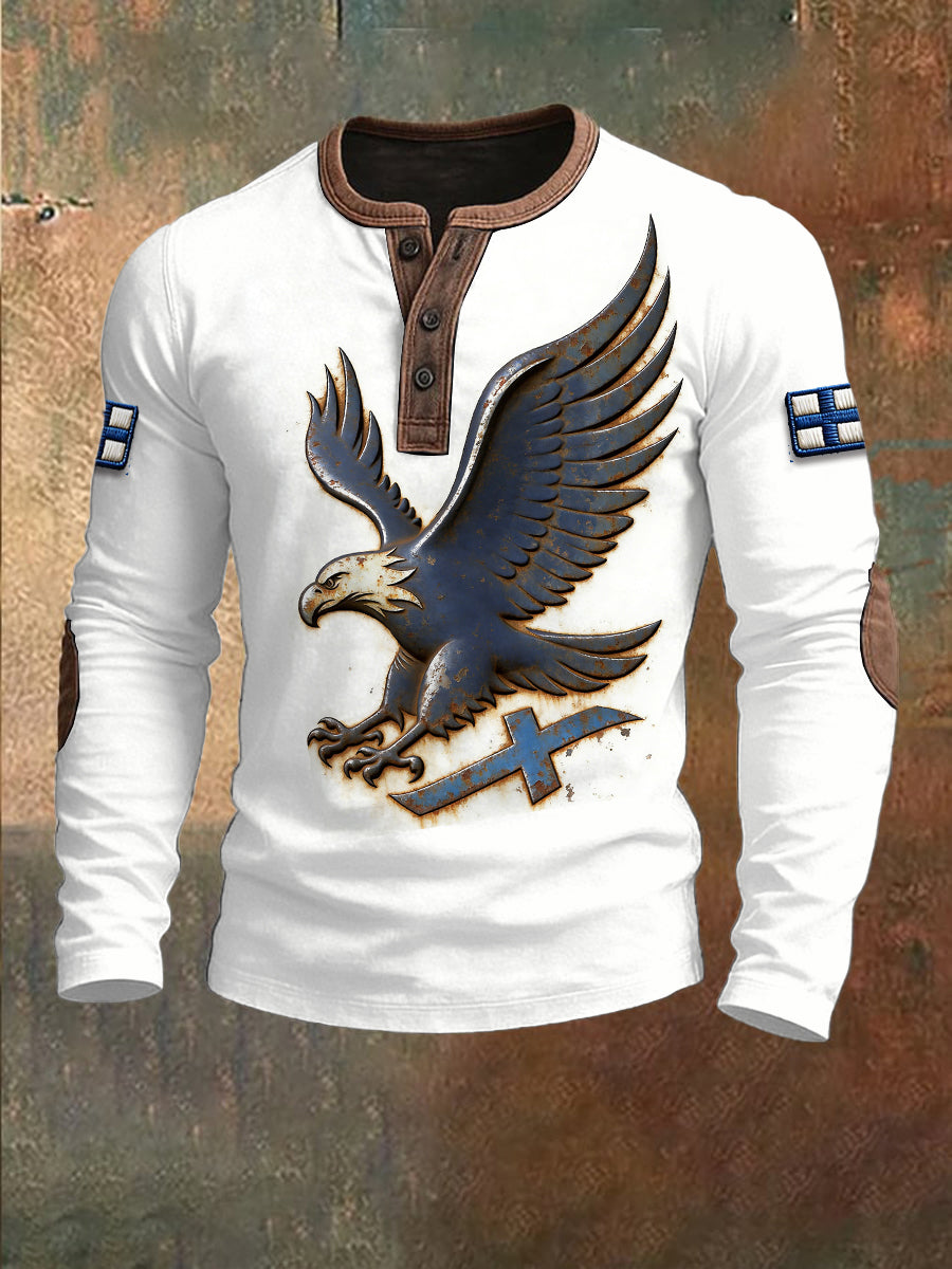 Herrens Vita Finska Örn Tryck Henley krage Patchwork Sweatshirt