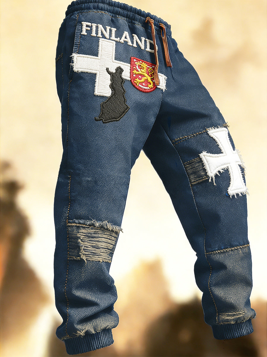 Mäns finska Vintage Tryck Patchwork Print Casual Byxor