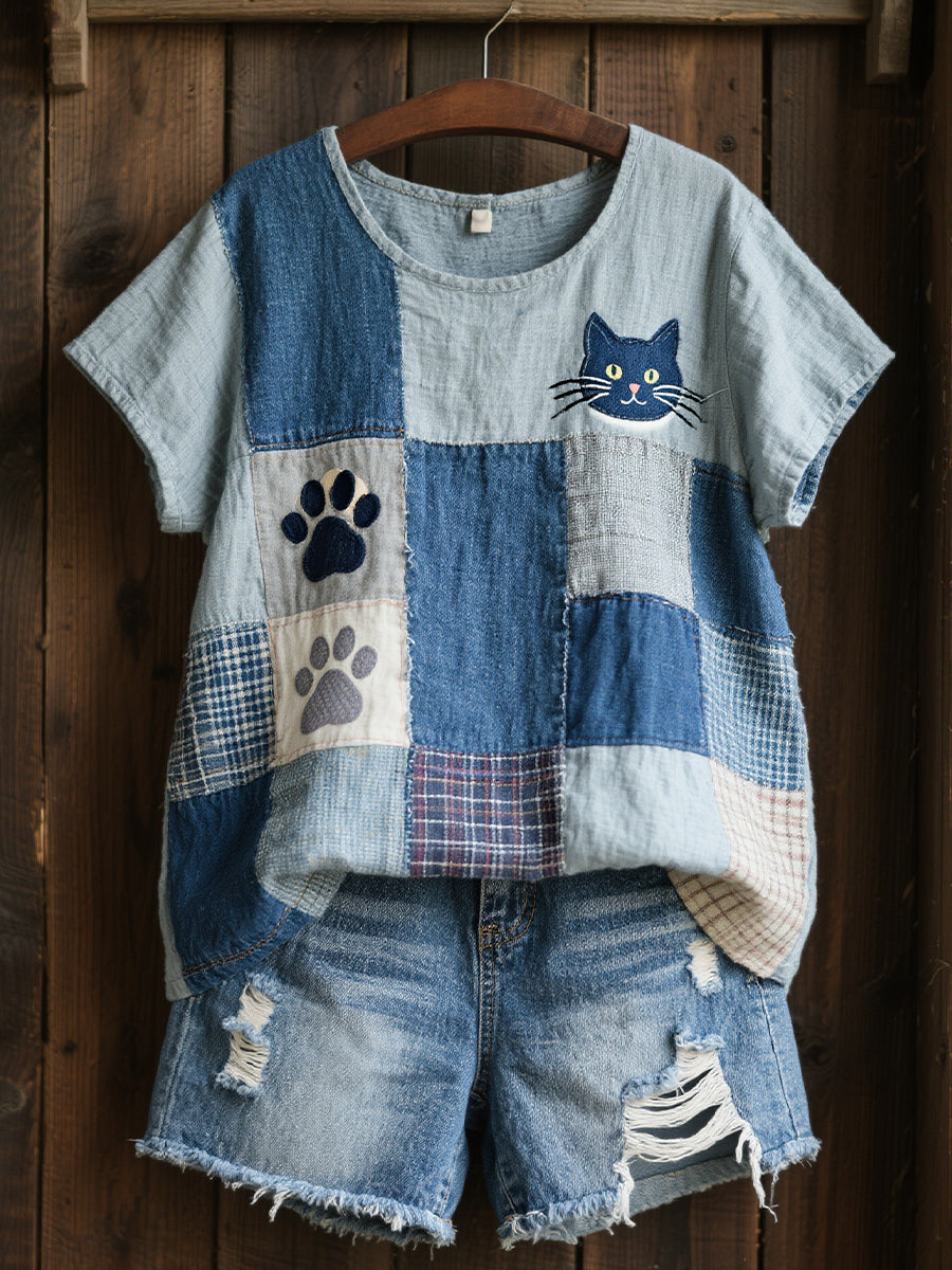 Damskjorta i linne med söt kattmönstrad patchworkkonst