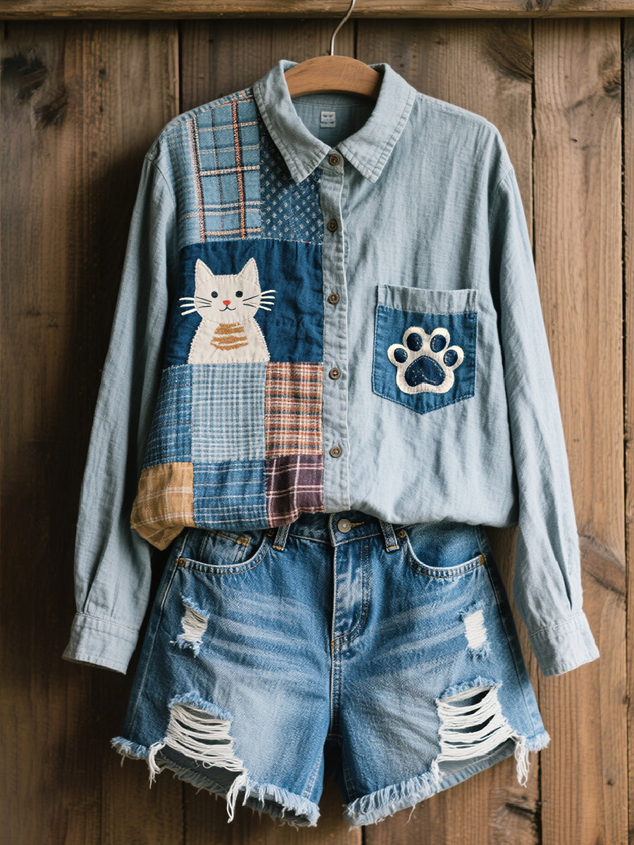 Kvinnors vackra katt mönster mönster konst lin blandning skjorta