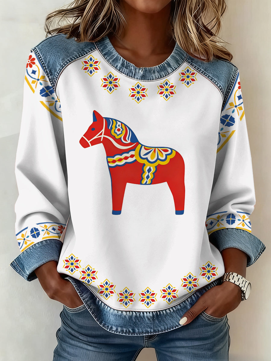 Kvinnors svenska Dala Häst Konst Mönster Mönster Konst Sweatshirt