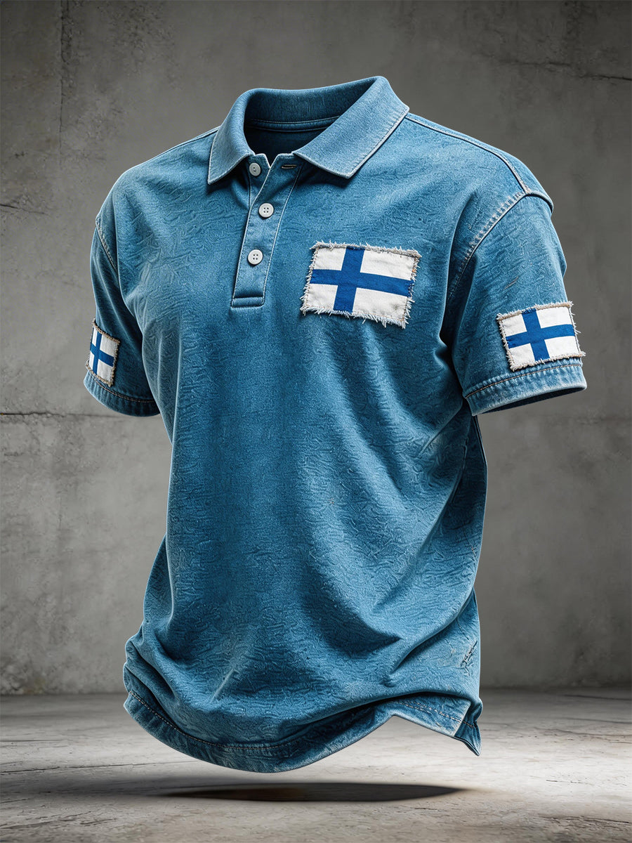 Mäns Finland Flagg Patchwork mönster Polo tröja
