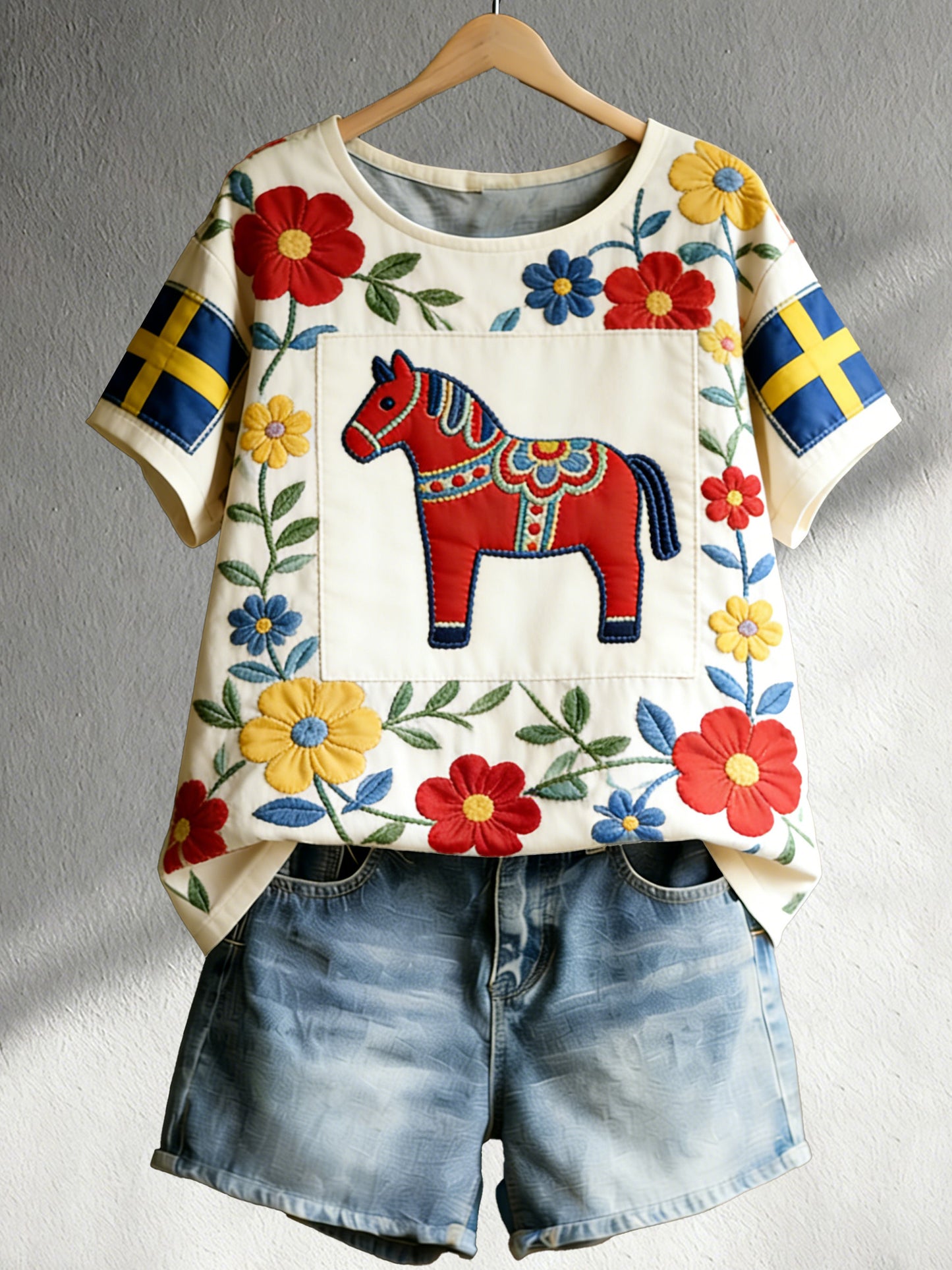 Damer T-shirt med svensk stil och Dalahästtryck