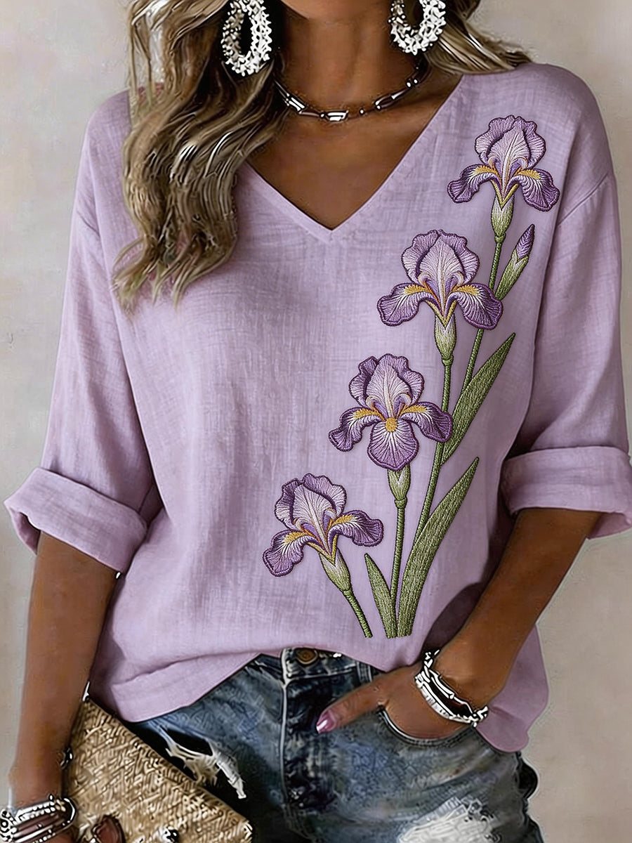 Damskjorta i linblandning med broderat irisblomstermönster