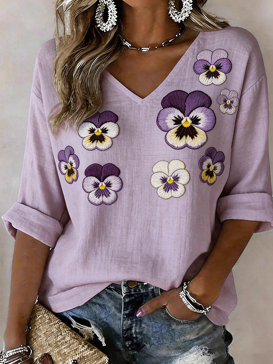 Kvinnors Pansy Floral Broderier Mönster Lin Bland skjorta