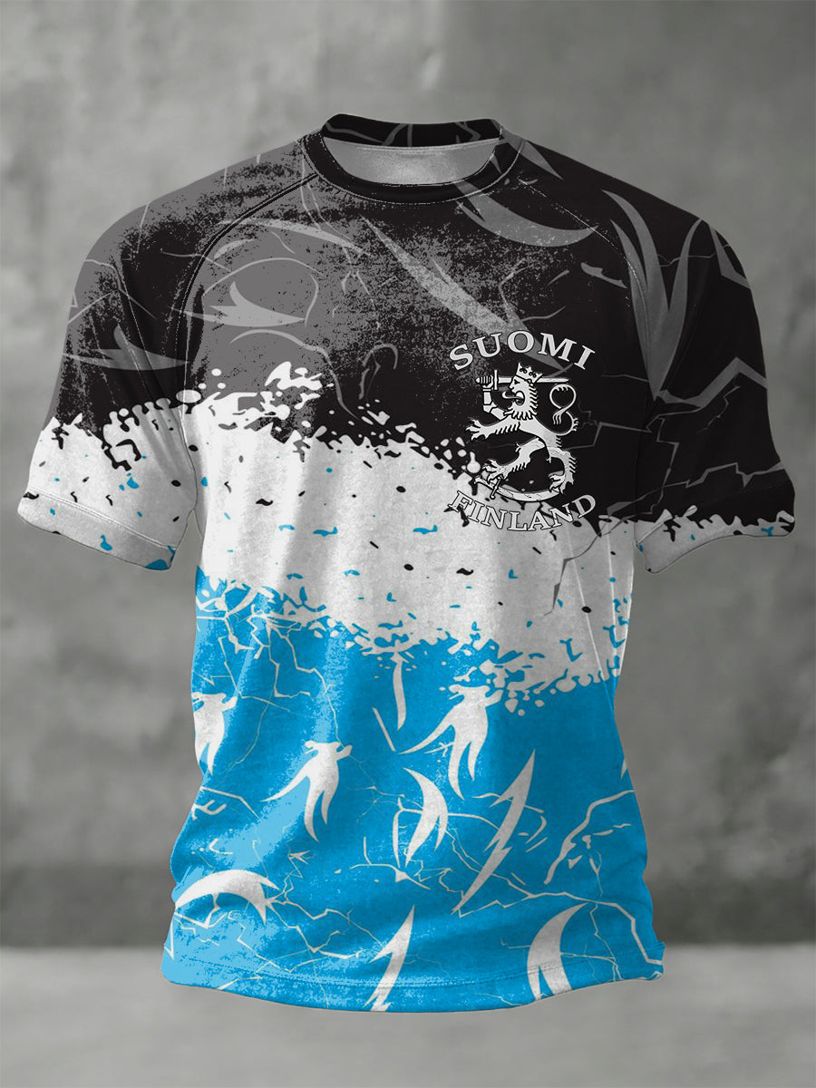 Mäns Edgy svart-vit-blå finsk lejon splatter T-shirt