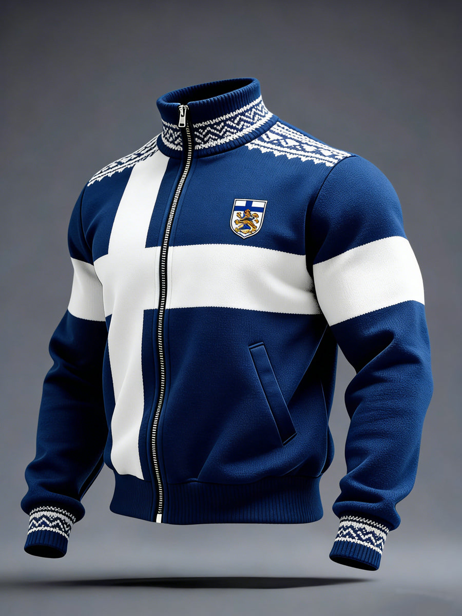 Mäns djärva finska flagga & Nordic Sticka Full-Zip Jacka