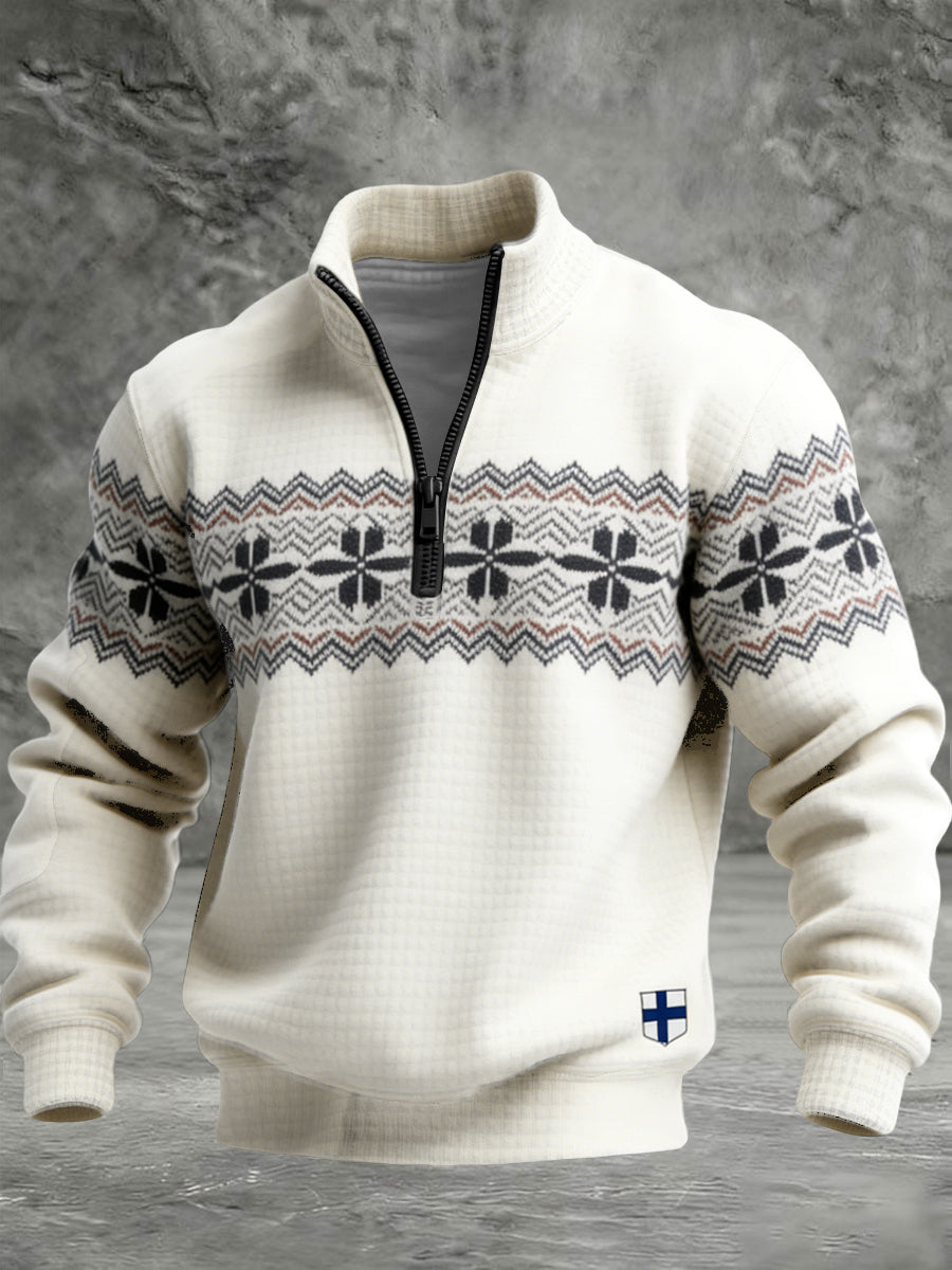 Mäns varm grädde Nordic Snöflinga & Finländska Flagkvarter-Zip Sweatshirt