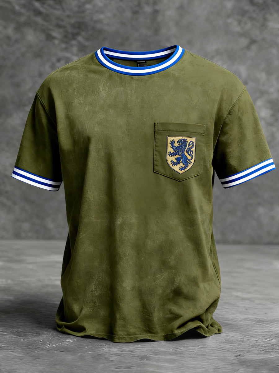 Herrens Retro Olive Lion Crest Pocket Ringer T-shirt