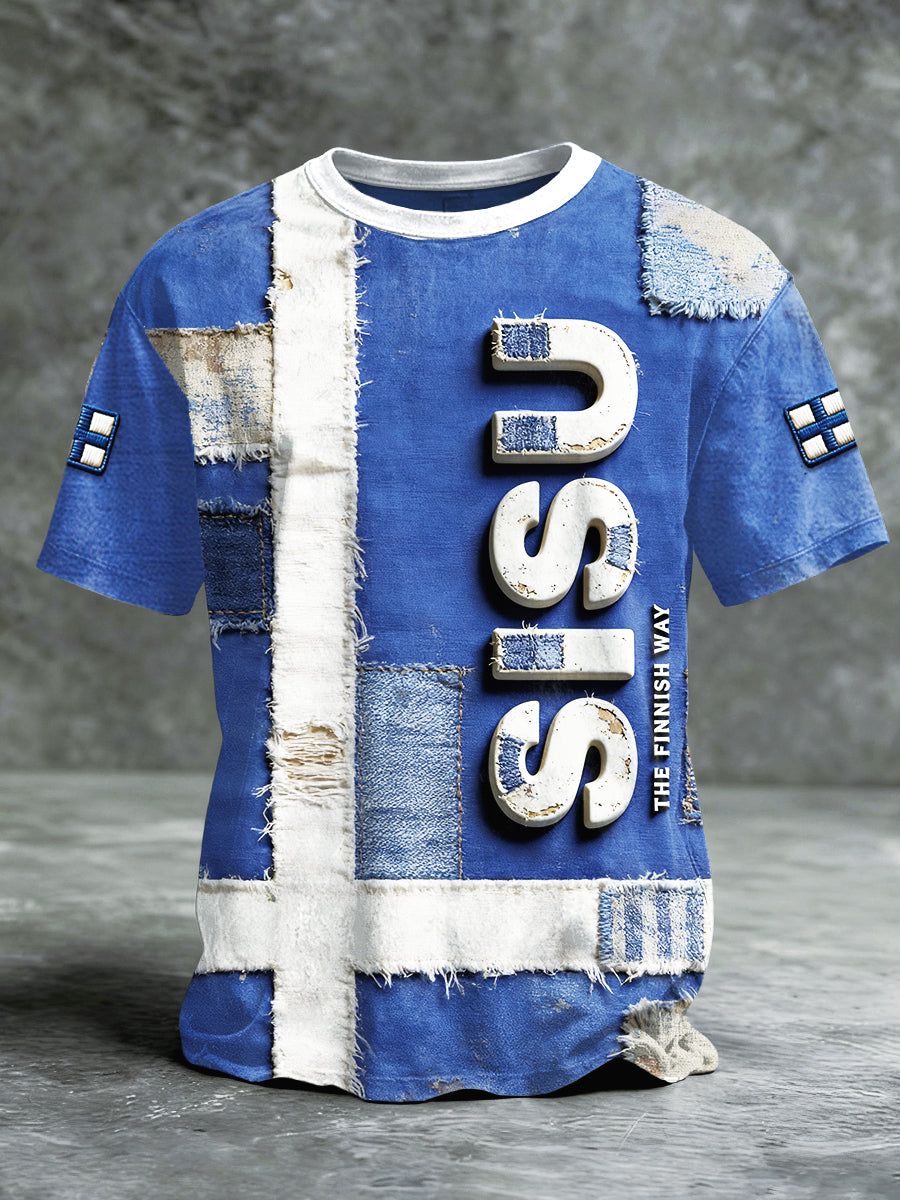 Mäns finska SISU Vintage Patchwork Skriv ut blå T-shirt