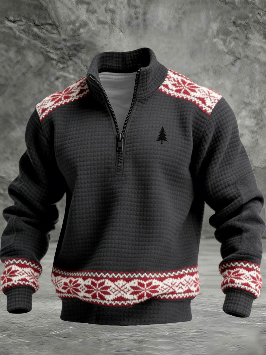 Herrens mysiga svarta nordiska snöflingor & tall träd kvarts-Zip Sweatshirt