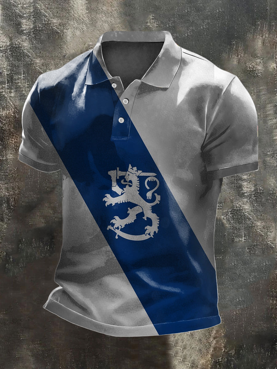 Mäns fräsch ljusblå Finska Emblem Strip Polo tröja