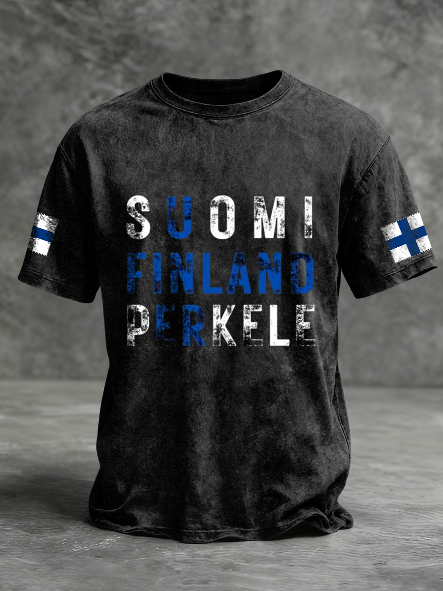 Mäns fet svart "SUOMI FINLAND PERKELE" Grafisk T-shirt