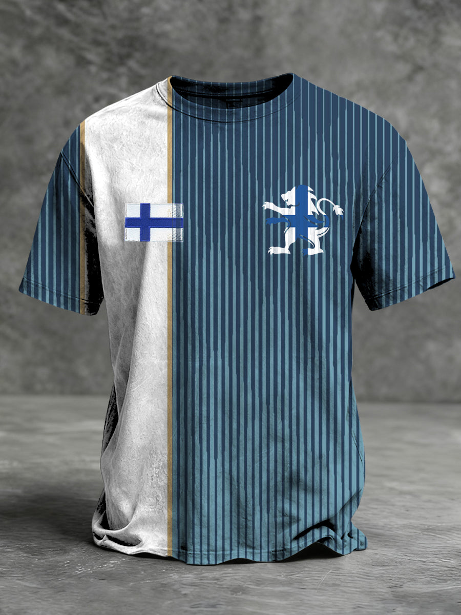 Mäns snygga tvåtons finska flagg & lejonemblem T-shirt