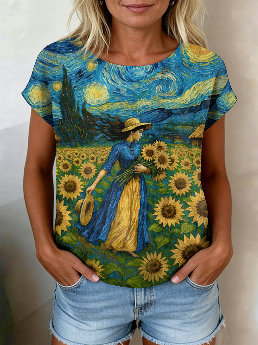 Kvinnors Retro oljemålning Stjärnorna Himmel Solrosen Skriv ut Casual Short-Sleeve Skjorta
