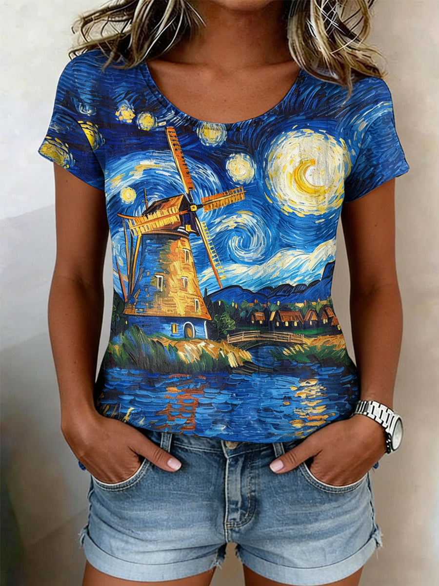 Kvinnors Retro oljemålning Stjärn himmel väderkvarn Skriv ut Casual Short-Sleeve Skjorta