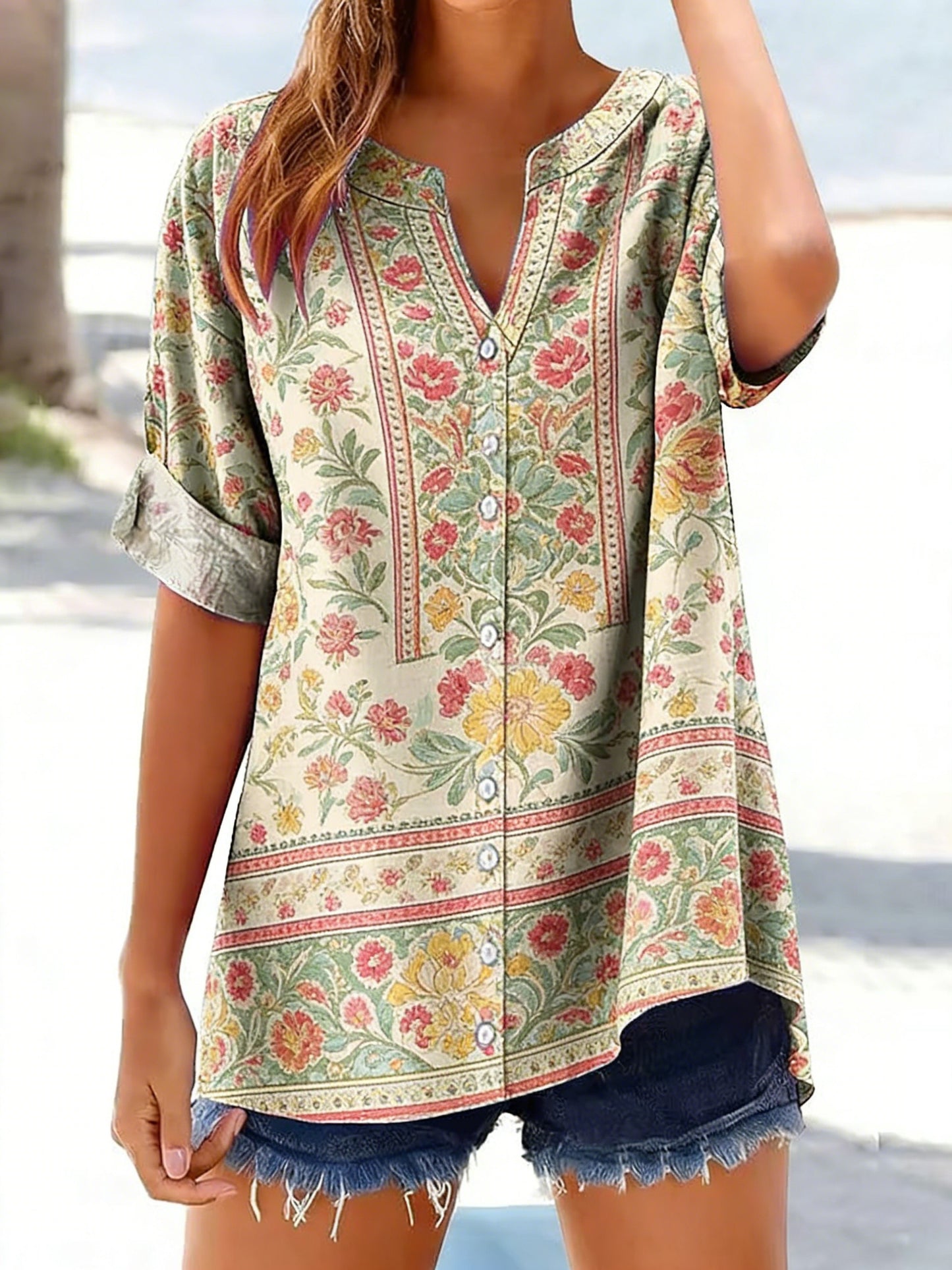Kvinnors Retro Floral Print Knapp ner