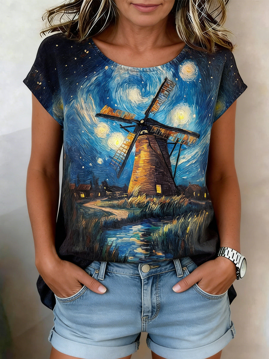 Kvinnors Retro oljemålning Stjärn himmel väderkvarn Skriv ut Casual Short-Sleeve Skjorta
