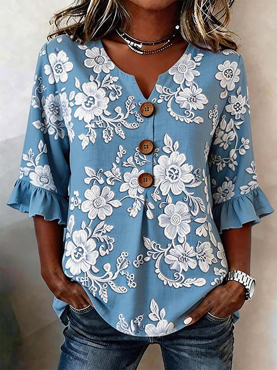 Kvinnors Casual Floral Lin tröj