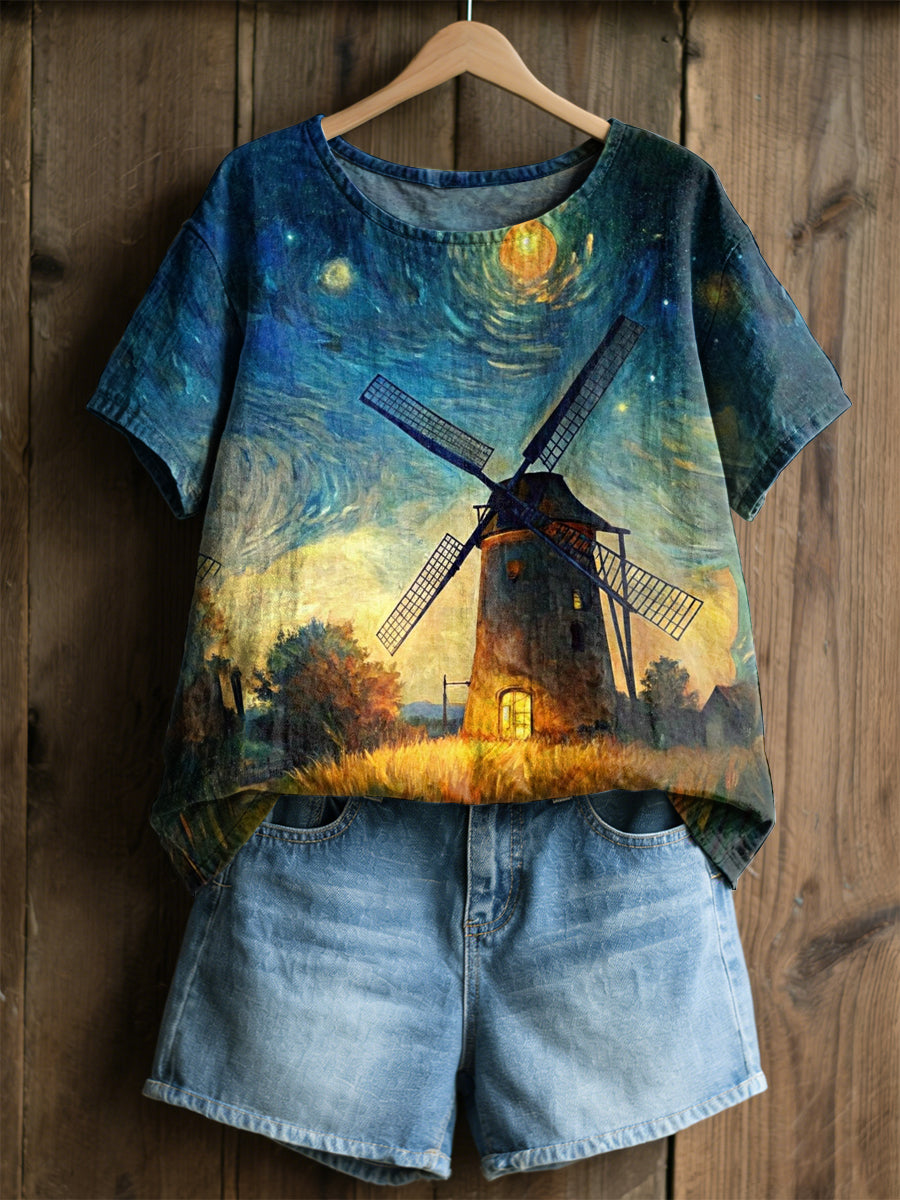 Kvinnors Retro oljemålning Stjärn himmel väderkvarn Tulip Skriv ut Casual Short-Slem skjjorta
