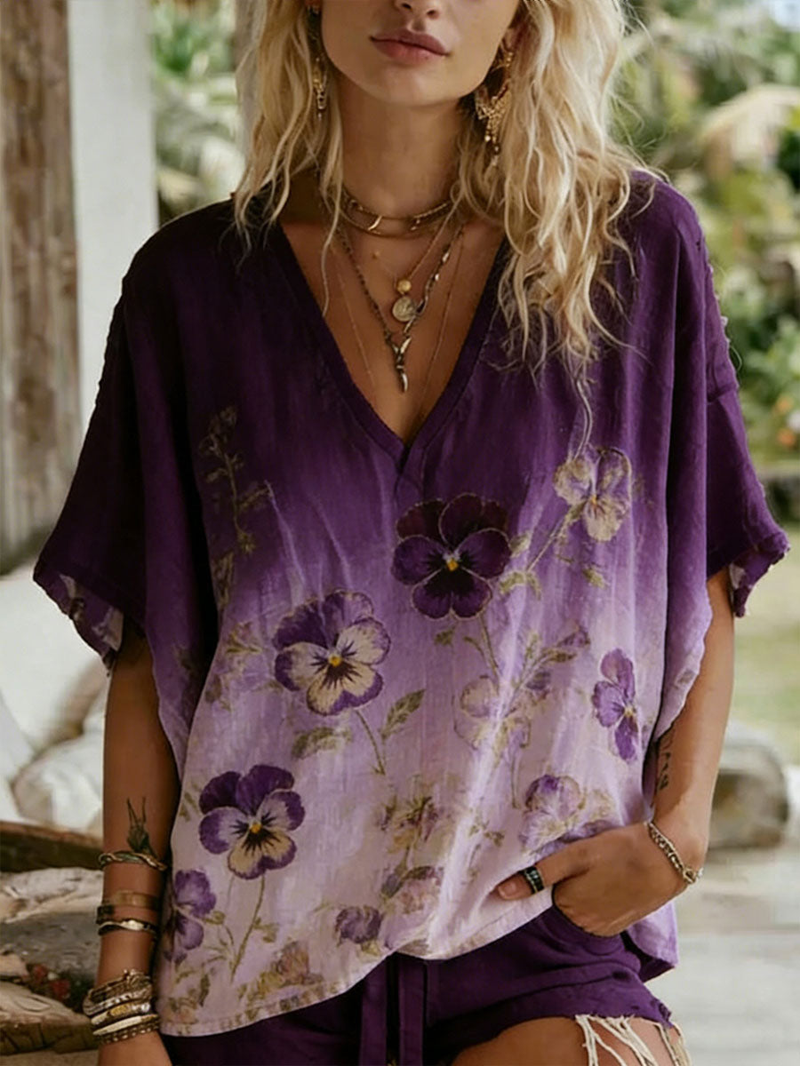 Dams örtblomsterkonsttryck avslappnad t-shirt