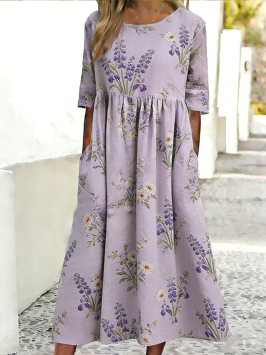 Damklänning med blommigt konsttryck, ledig stil