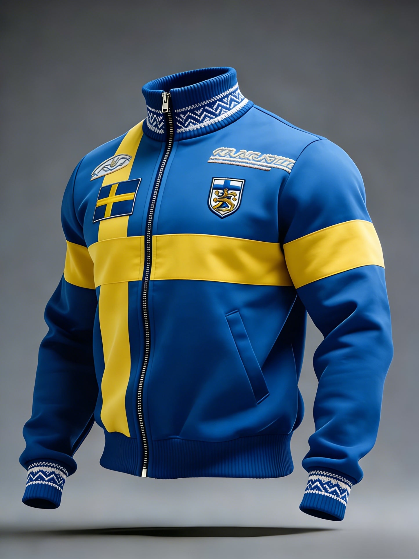 Retro vikingasvensk flaggmärke avslappnad sportig jacka med ståkrage