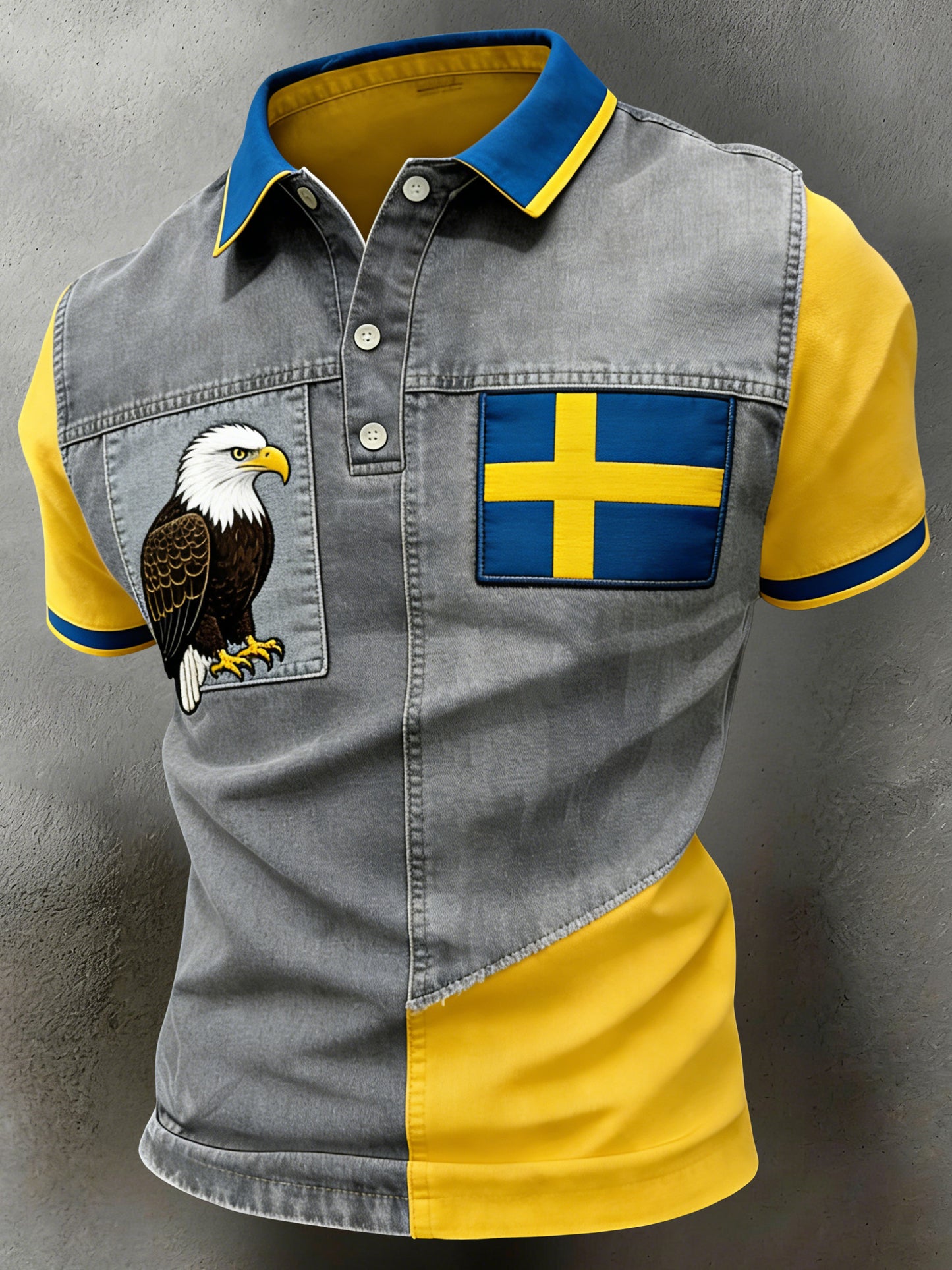 Mäns svenska konst Print Polo tröja med nationell flagg lappverk och färgschem