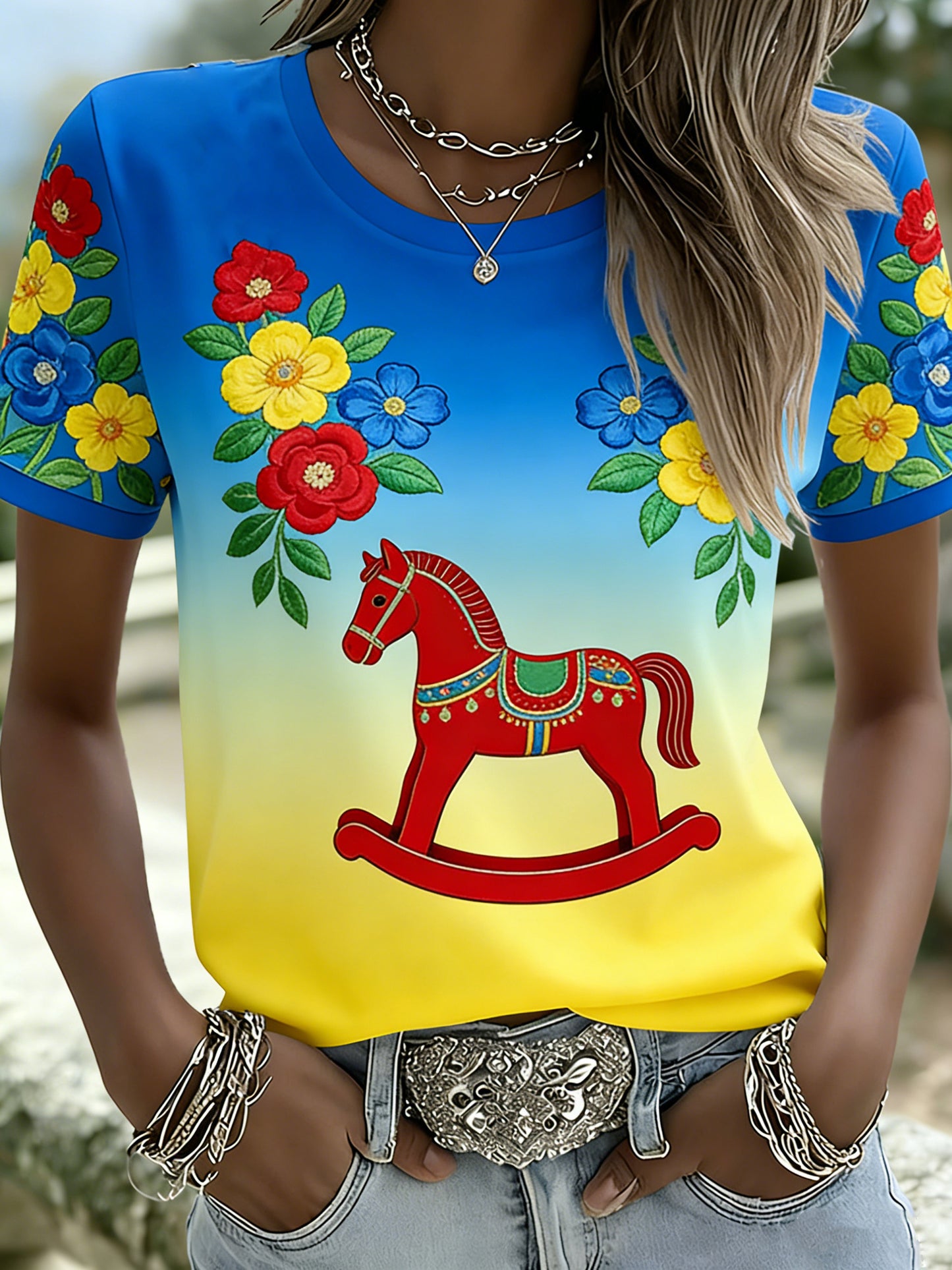 Kvinnors svenska Dalahäst Element Lokal stil Konst Skriv ut T-Shirt