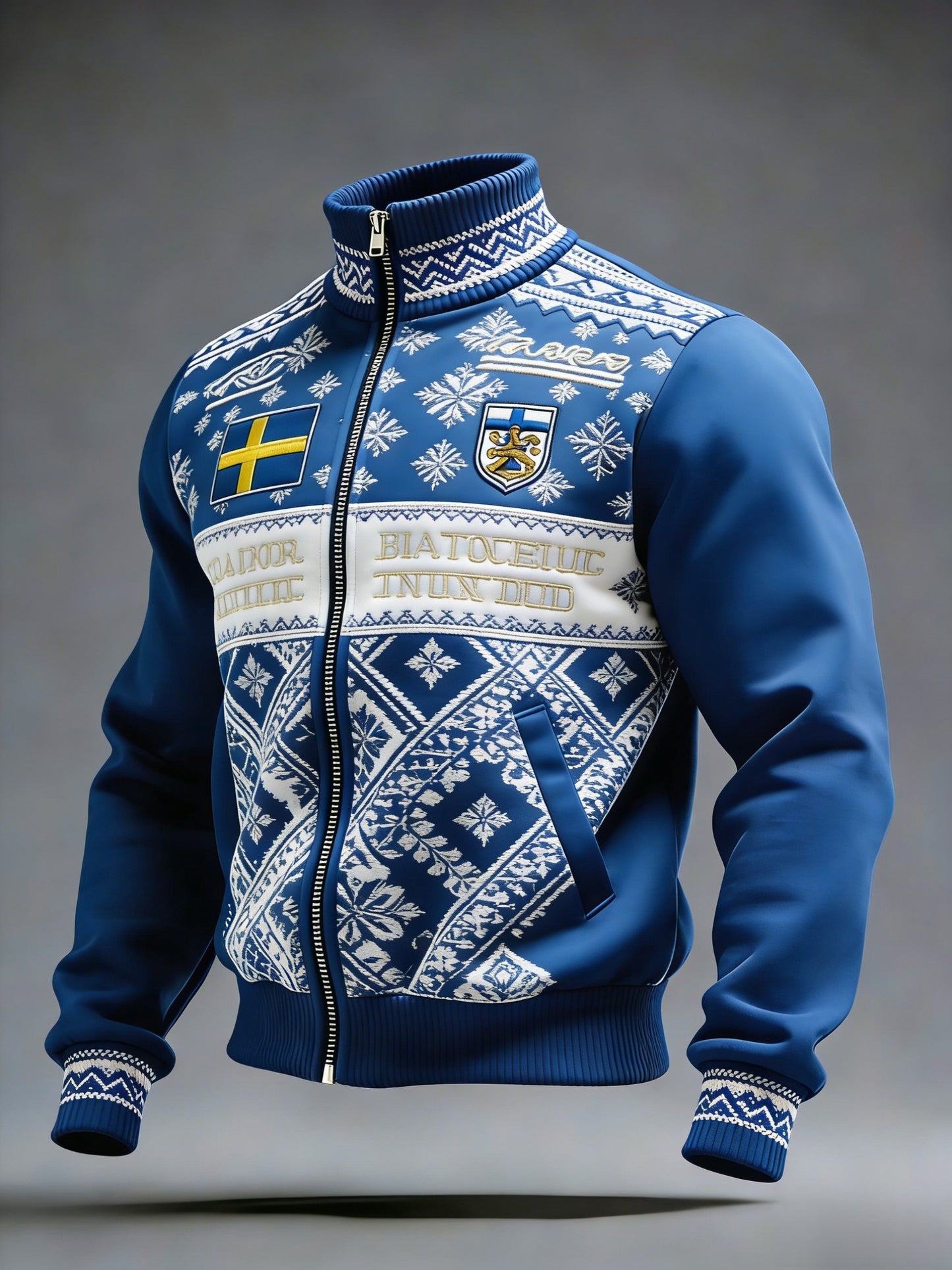 Retro vikingasvensk flaggmärke avslappnad sportig jacka med ståkrage