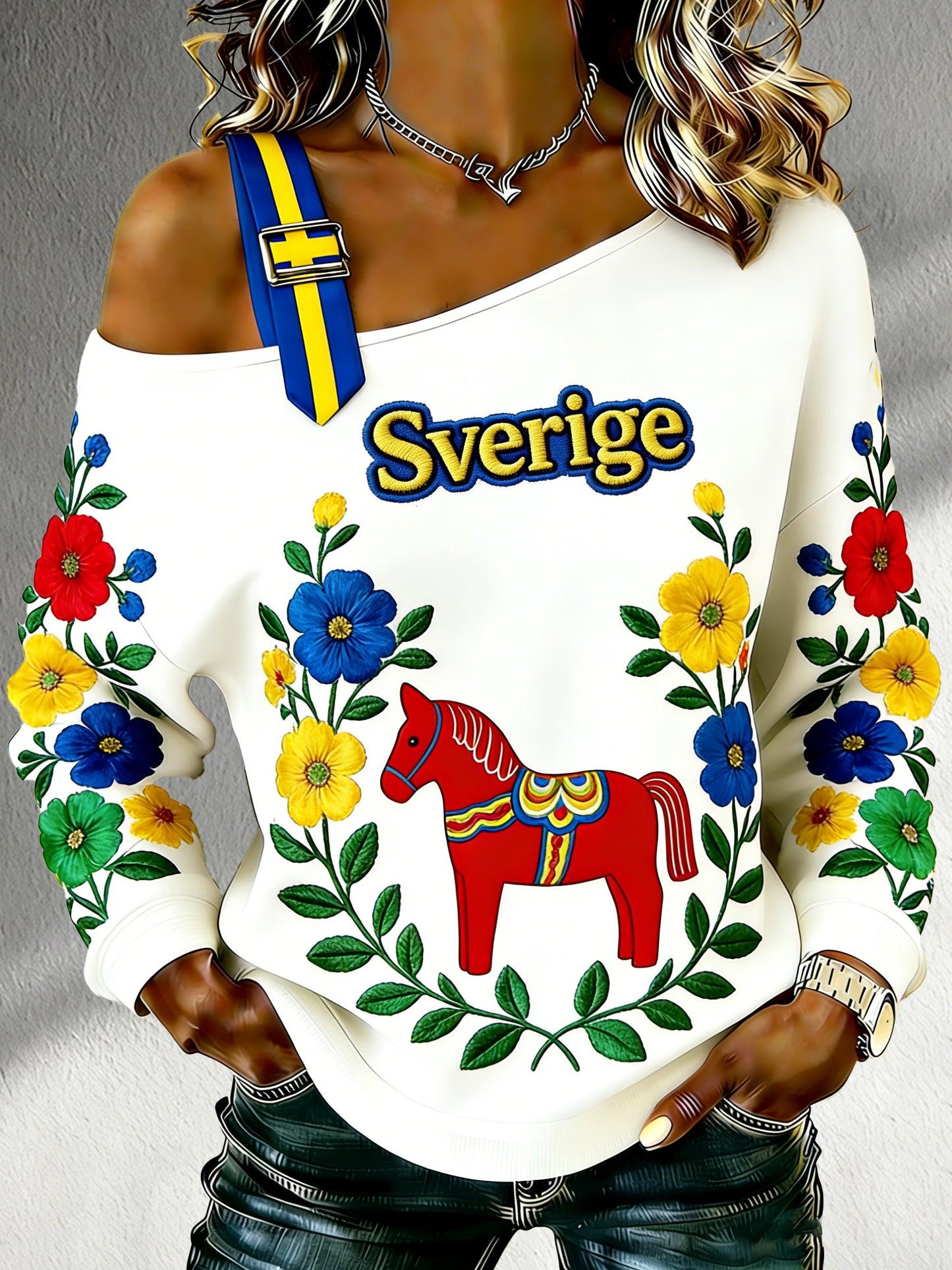 Damer Svensk Dalahestmönstrad konsttryck axelbandslös lång ärm