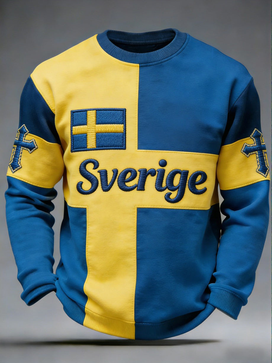 Herrretro vikingasweatshirt med svensk flagga och badge, långärmad, avslappnad stil