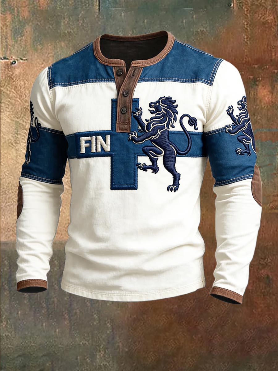 Mäns finska Lejon Patchwork Print Vintage Henley Neck Sweatshirt