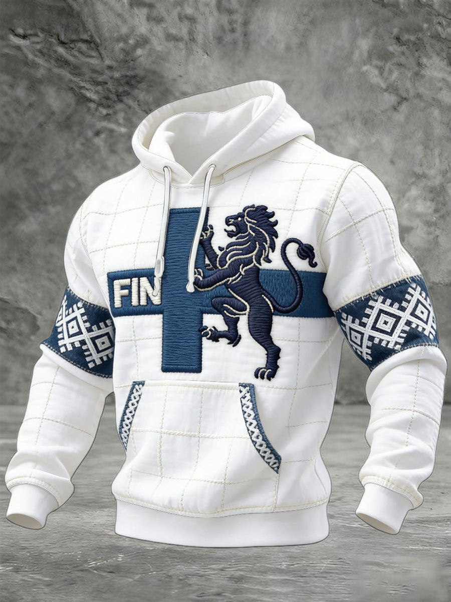 Mäns Vita Finland Flagg Vintage Lappverk Print Casual Hooded Sweatshirt