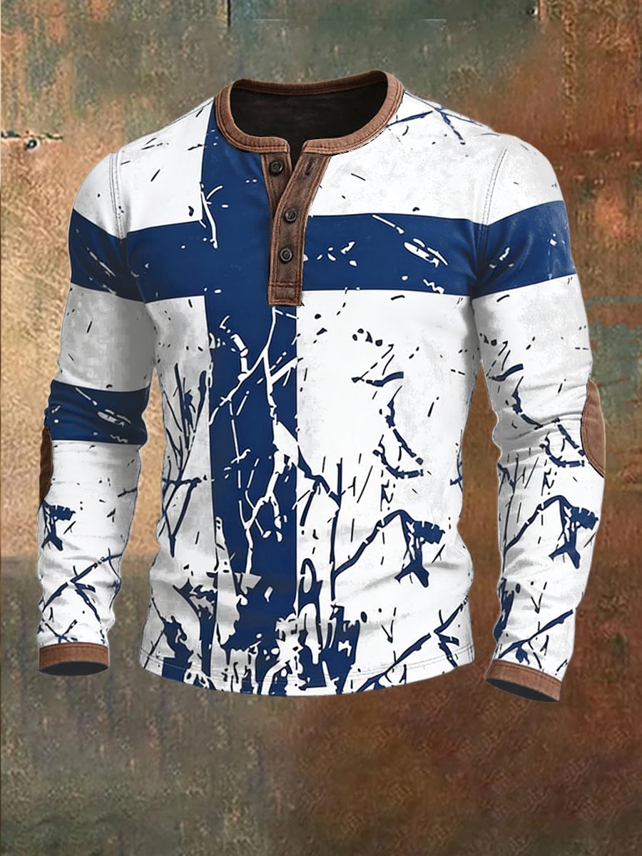 Mäns Finland Flag Print Casual Henley Neck Sweatshirt